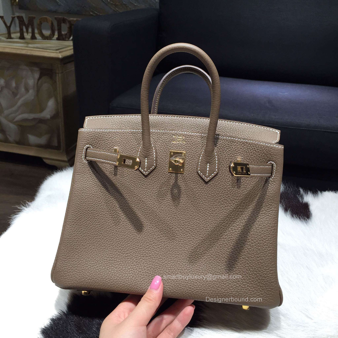 Hermes Birkin 25 Bag Etoupe Togo Leather Handstitched Gold hw