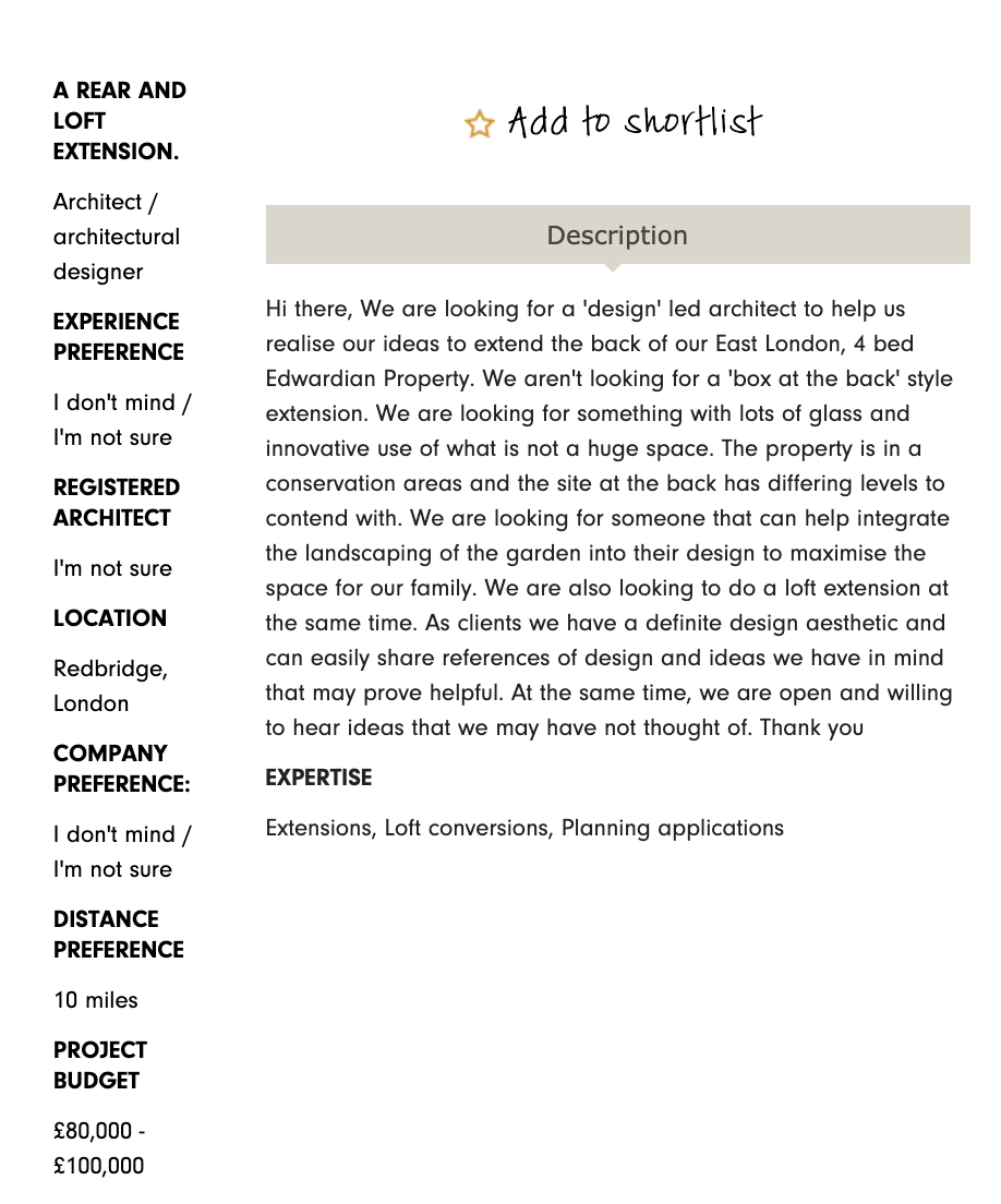 Architects design brief Design for Me