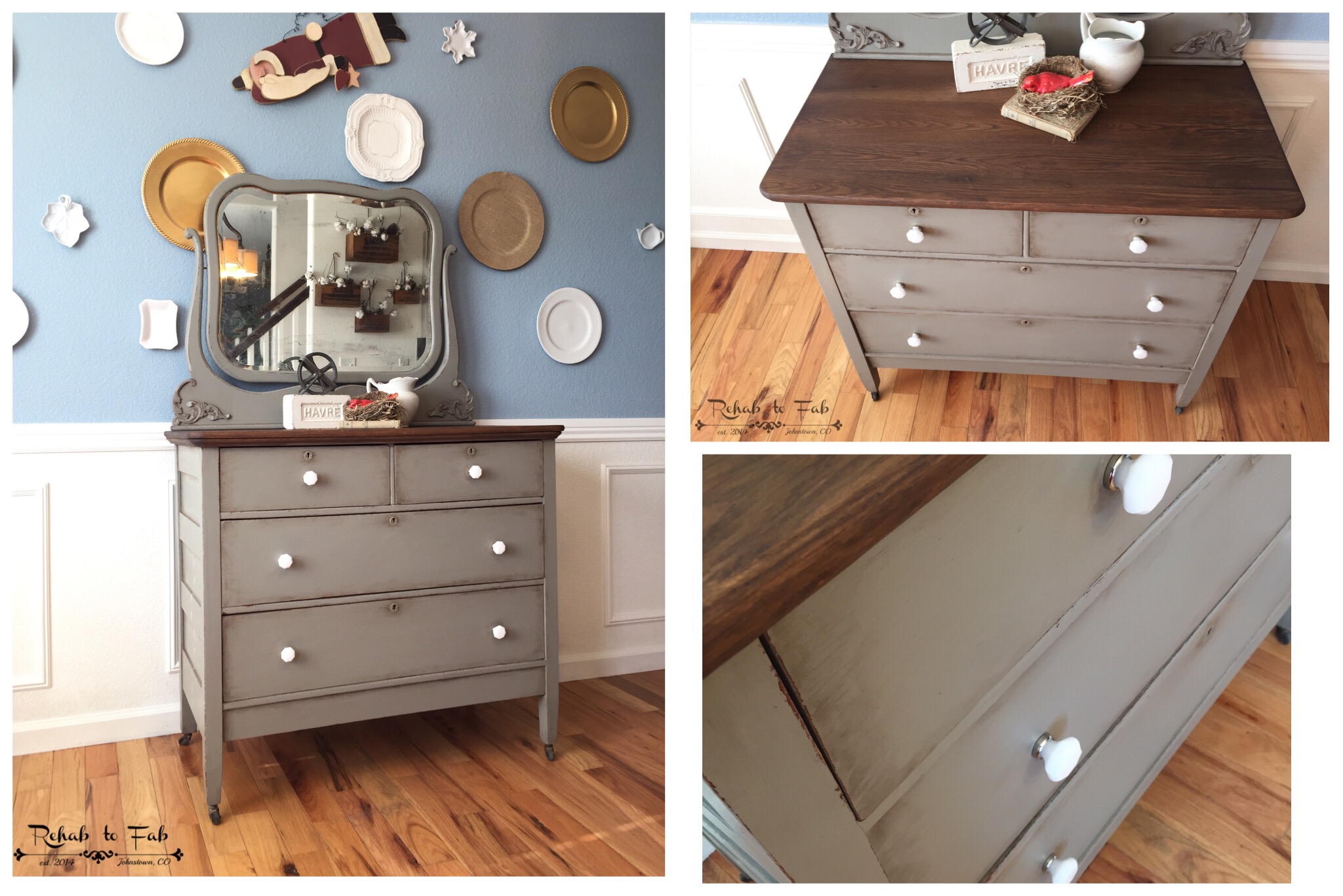 Antique chest of drawers painted in Empire Gray done by Rehab to Fab General Finishes Design