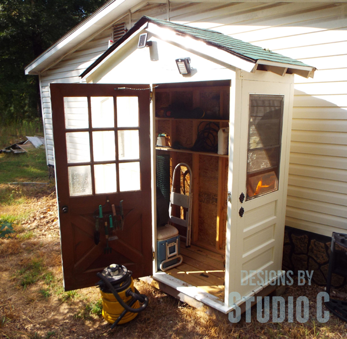 Build a Shed with Old Doors Access Door and Shelving