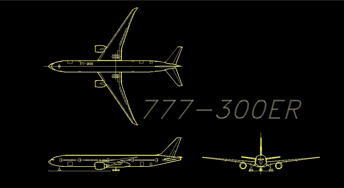 Boeing 777300ER Aeroplane Top View Plan Elevation Front And Side Views