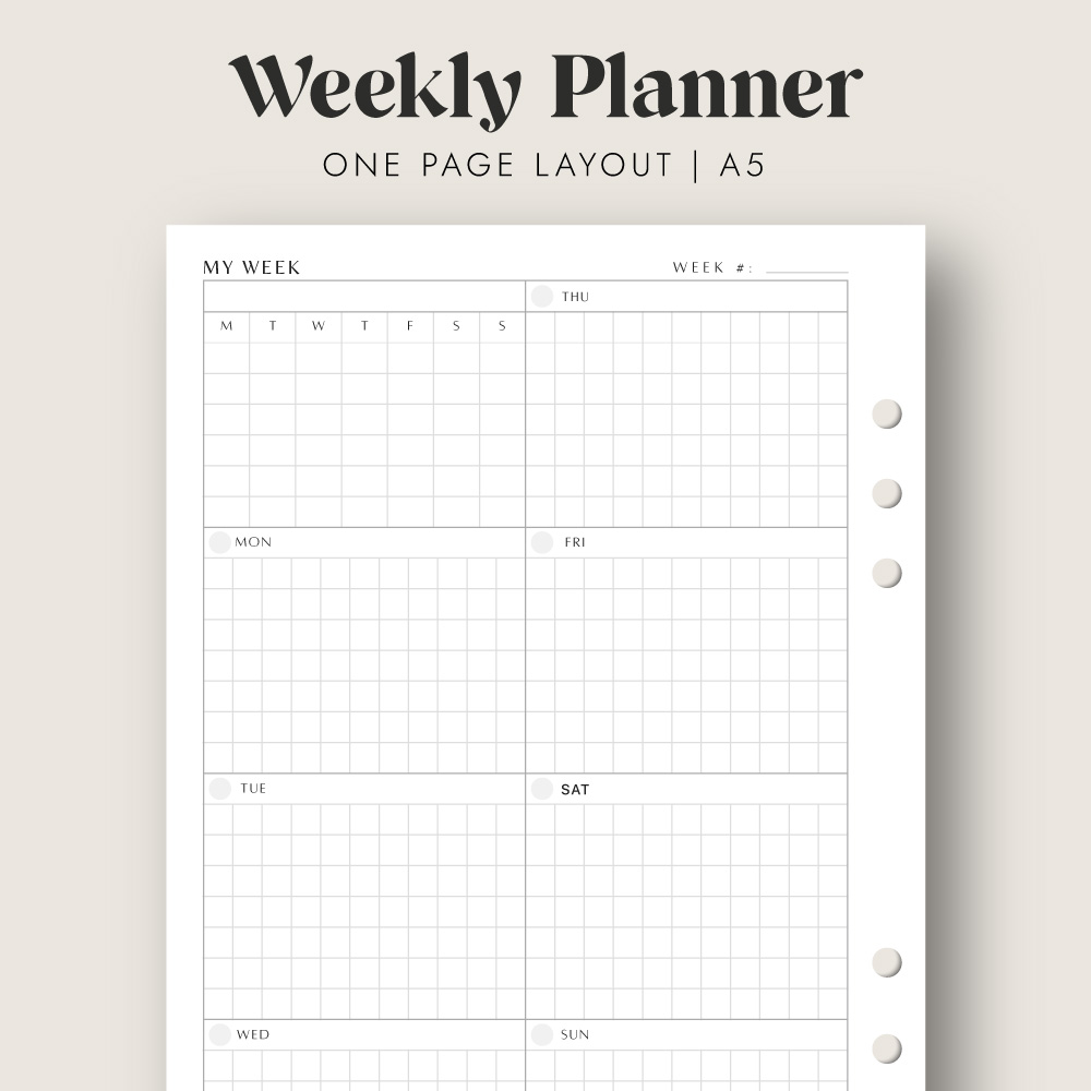 Weekly Planner Printable Insert in A5 size One Page Vertical Layout