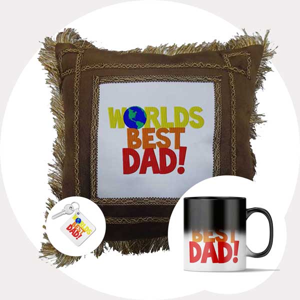 Worlds Best Dad Gift Combo (Cushion + Magic Mug + Key chain) Design