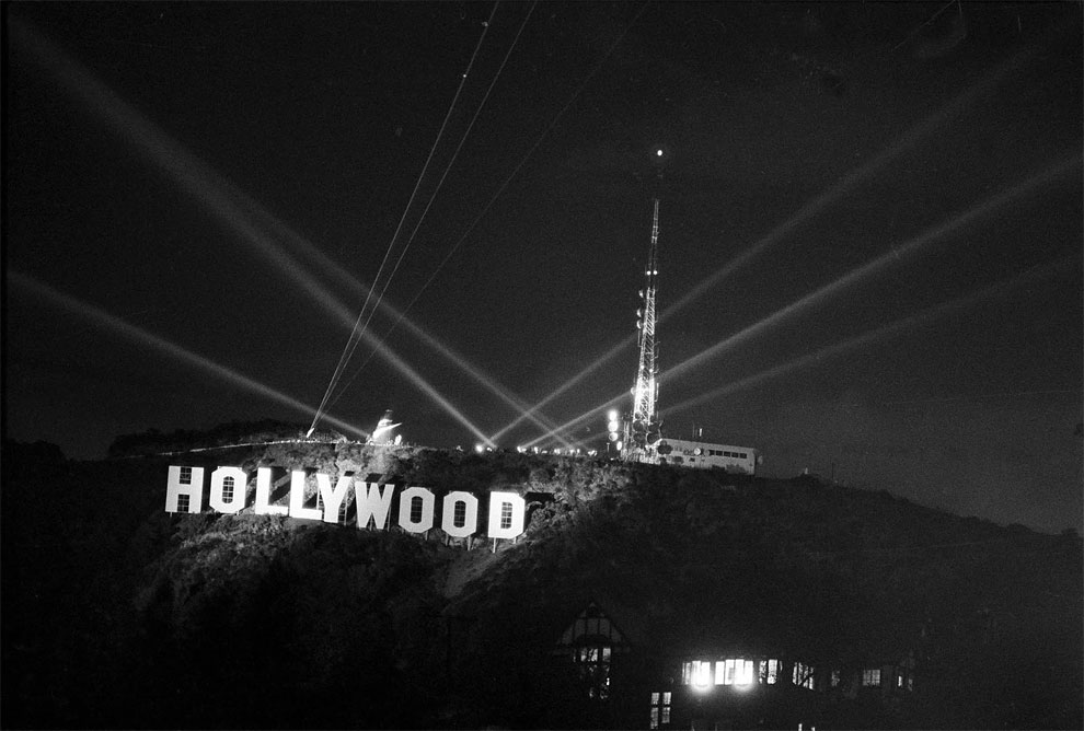 Photos of the sign bathed in light on. See How the Hollywood Sign Has Changed from between the 1920s and 1970s