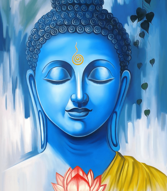 Blissful Painted Buddha Wall Art Glass Framed Poster For Meditation Room, Living Room And Office