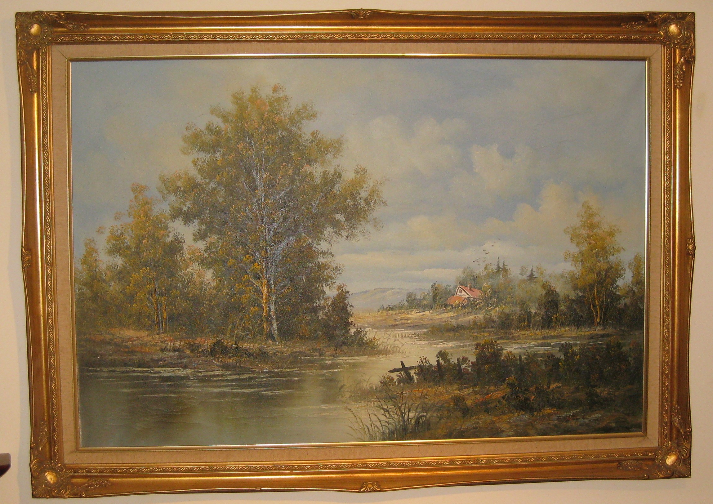 Oil painting on canvas of river scene Dorking Desks