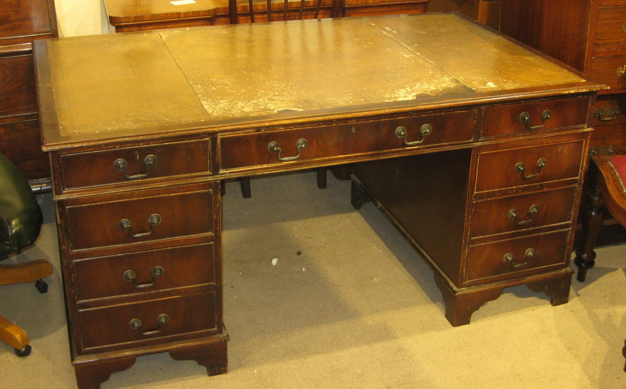 Large Victorian style reproduction mahogany pedestal desk. Dorking Desks