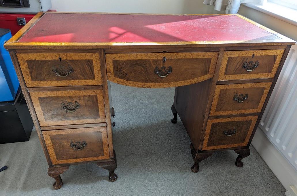Pretty Edwardian walnut kneehole desk. Dorking Desks