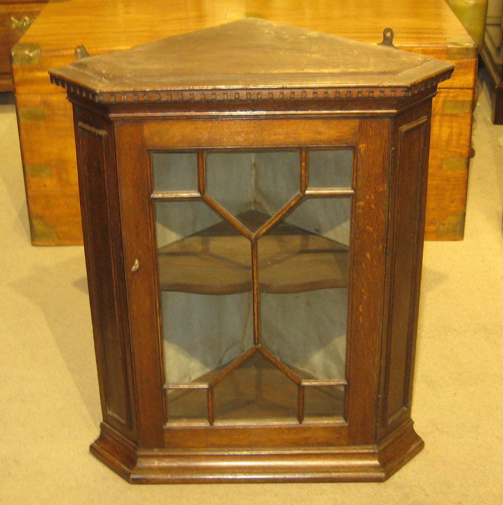 Pretty Victorian oak hanging corner cupboard. Dorking Desks