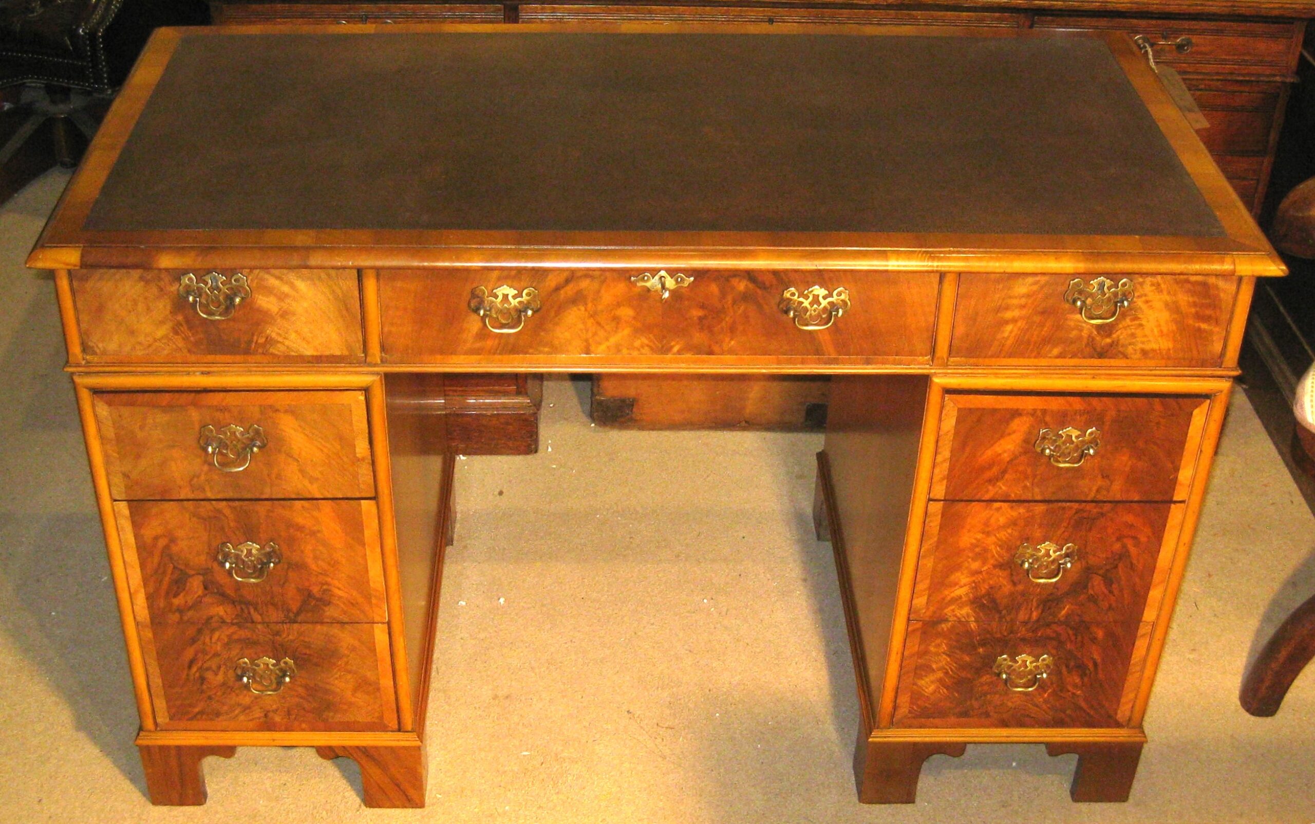 Beautiful quality light walnut pedestal desk. Dorking Desks