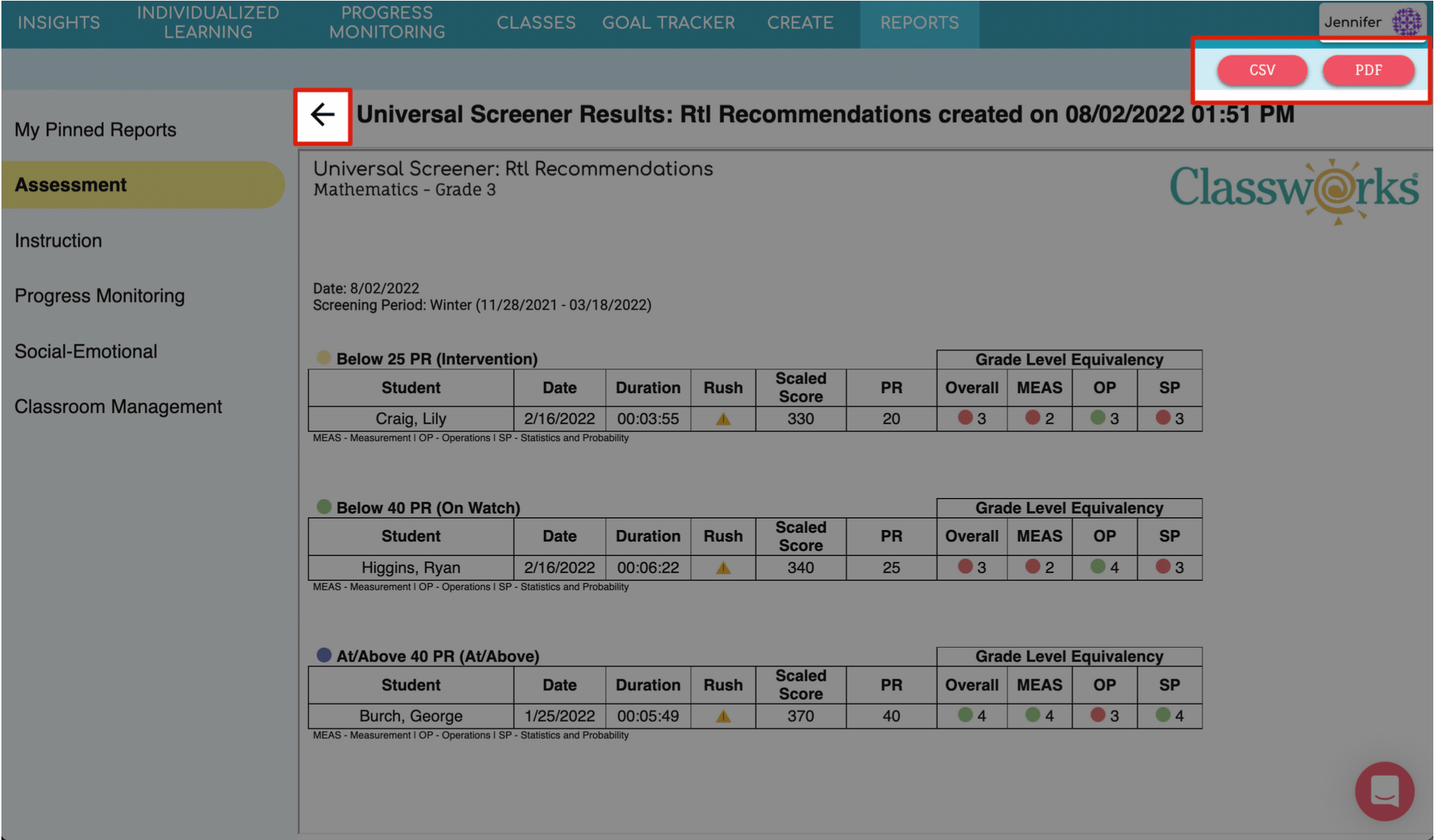 Universal Screener Results Rtl