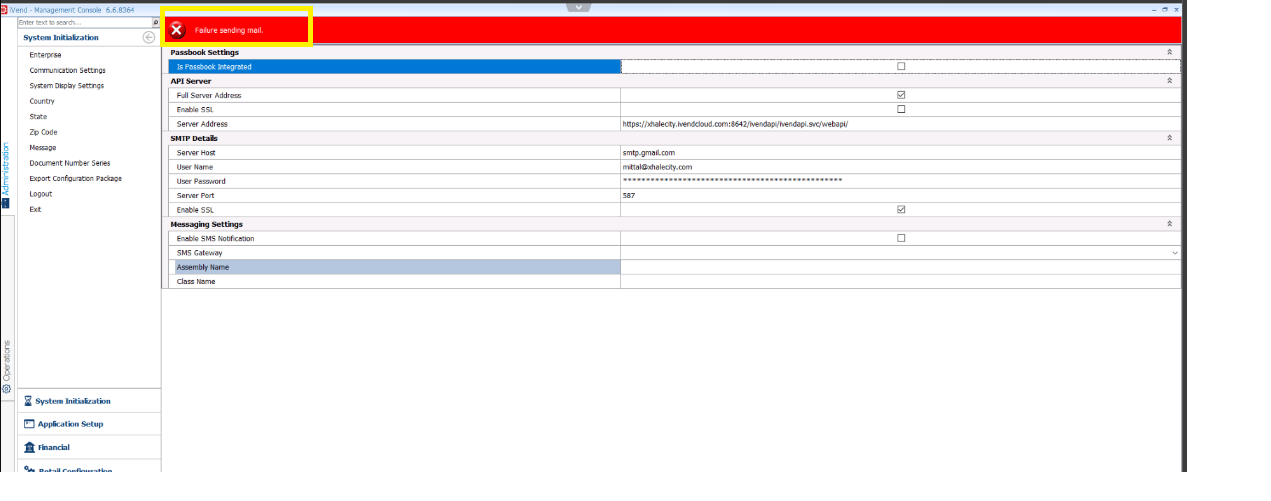 Test email showing error message "Failure sending mail"