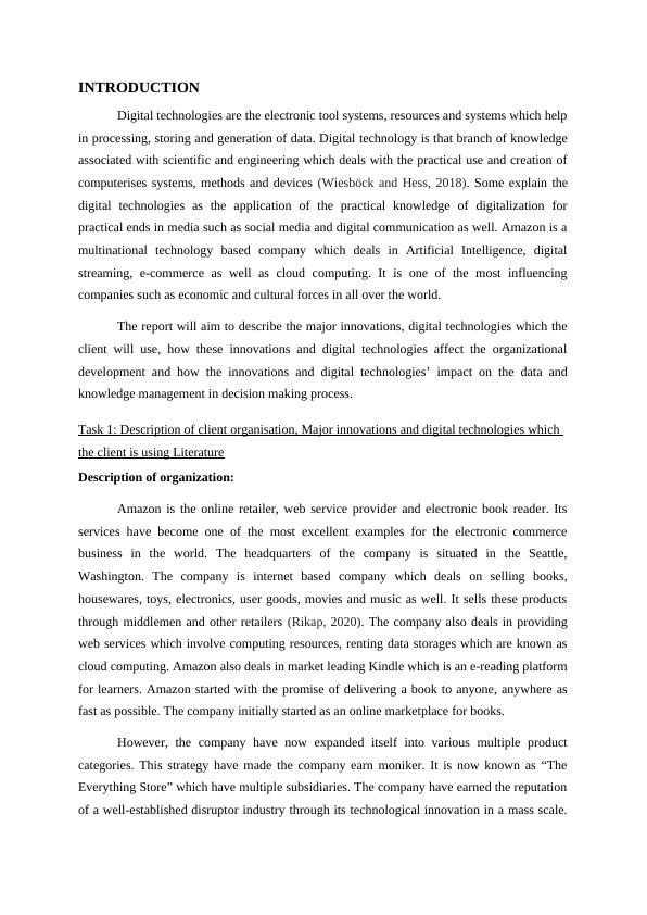 Impact of Innovations and Digital Technologies on Amazon's