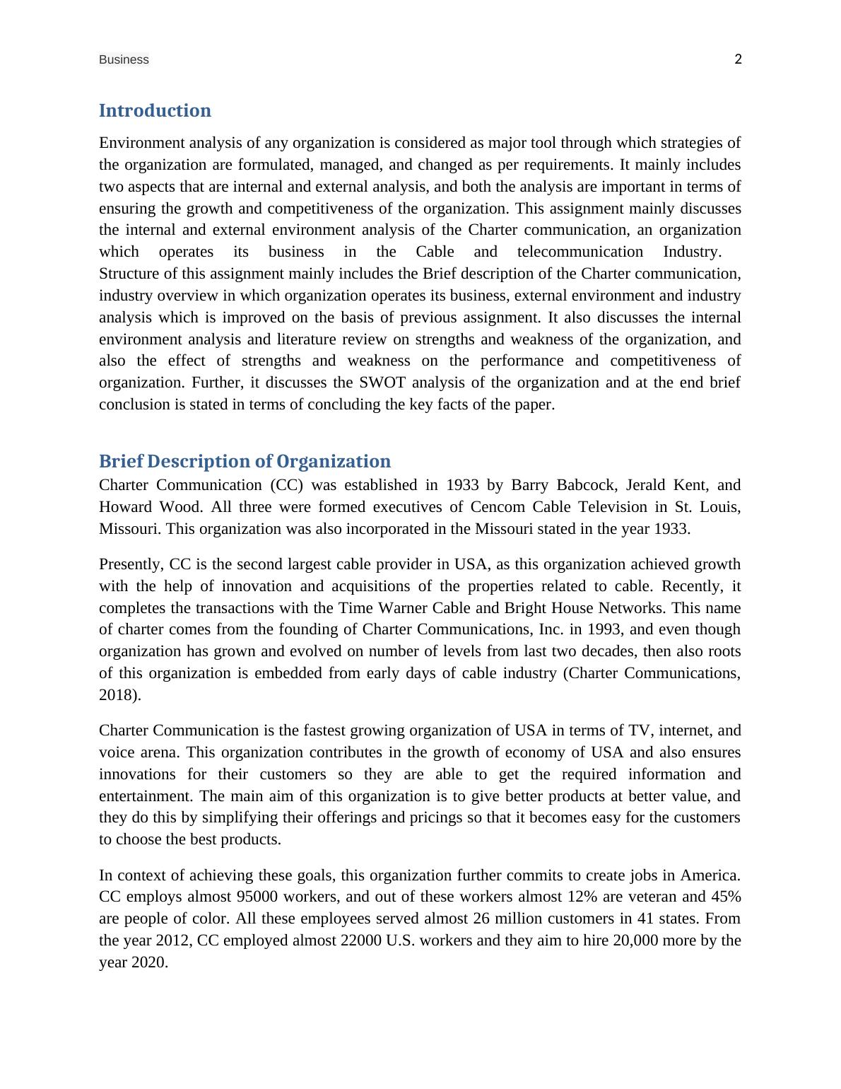 Internal and External Environment Analysis of Charter Communications