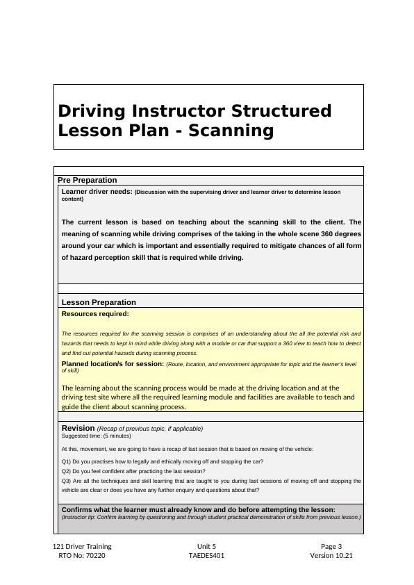 Driving Test Lesson Plans for Learner Drivers Desklib