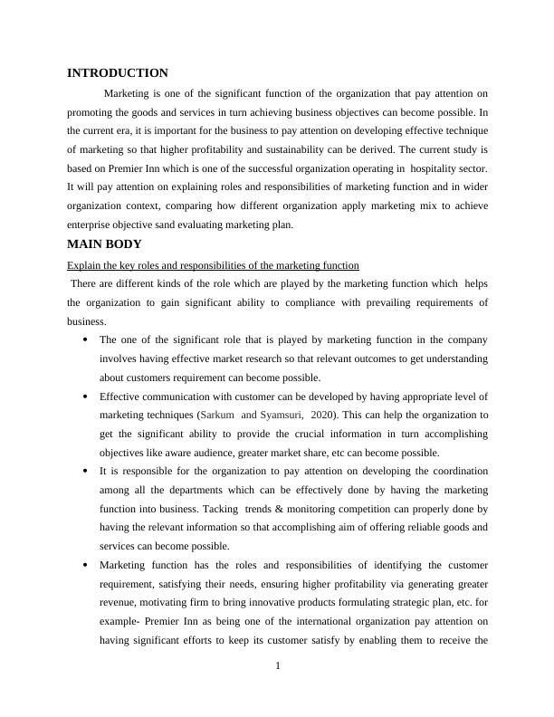 Roles and Responsibilities of Marketing Function Premier Inn Case Study