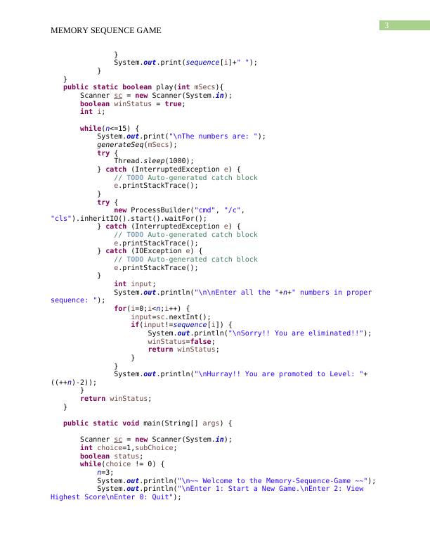 Memory Sequence Game Java Program for Console Based Game