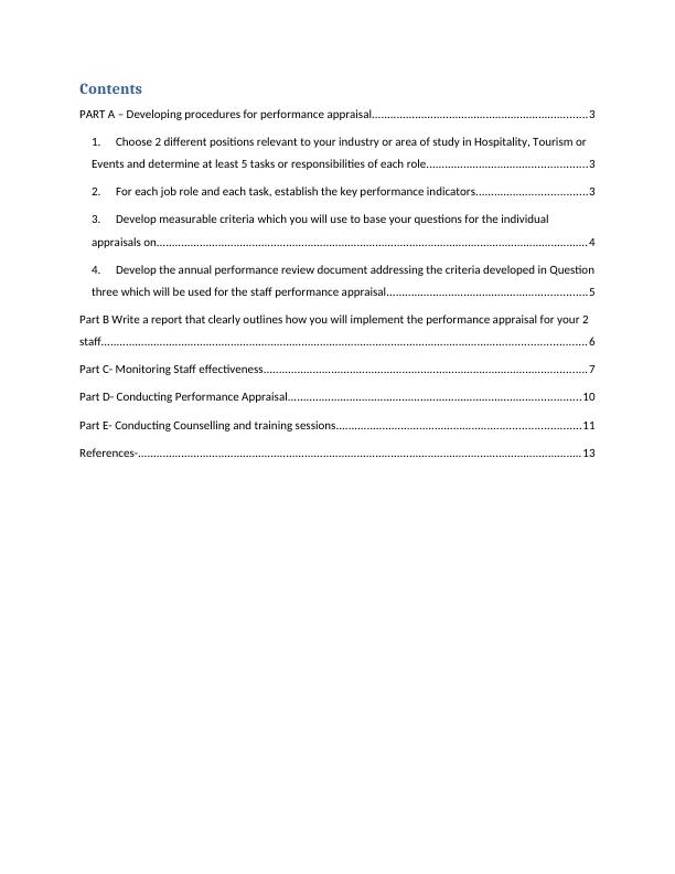 Procedures for Performance Appraisal in Hospitality, Tourism or Events