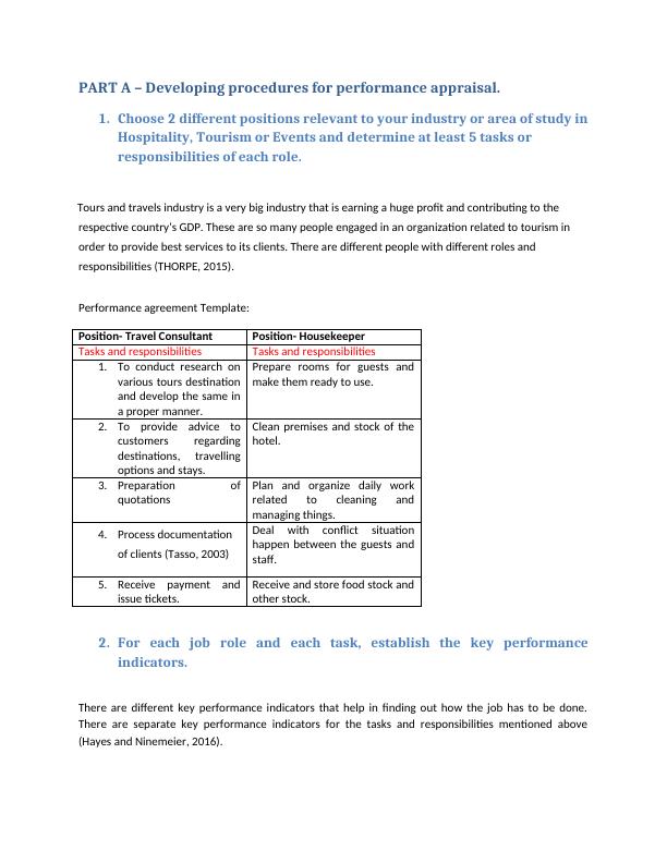 Procedures for Performance Appraisal in Hospitality, Tourism or Events