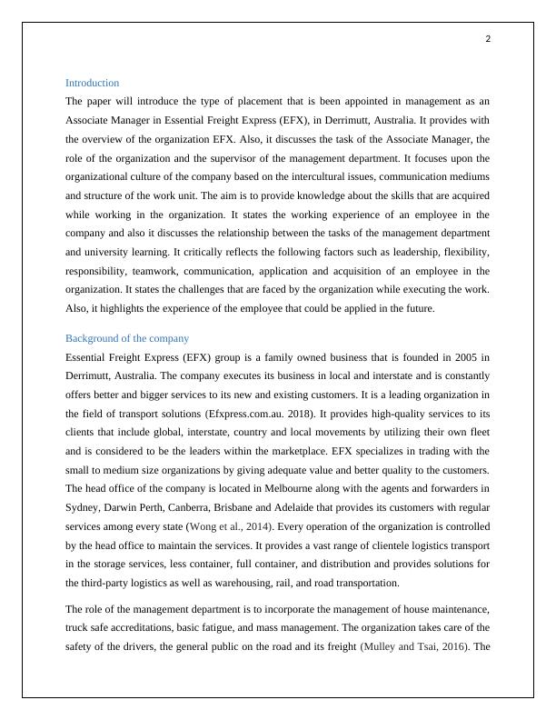 Work Experience in Essential Freight Express (EFX) Progress Report