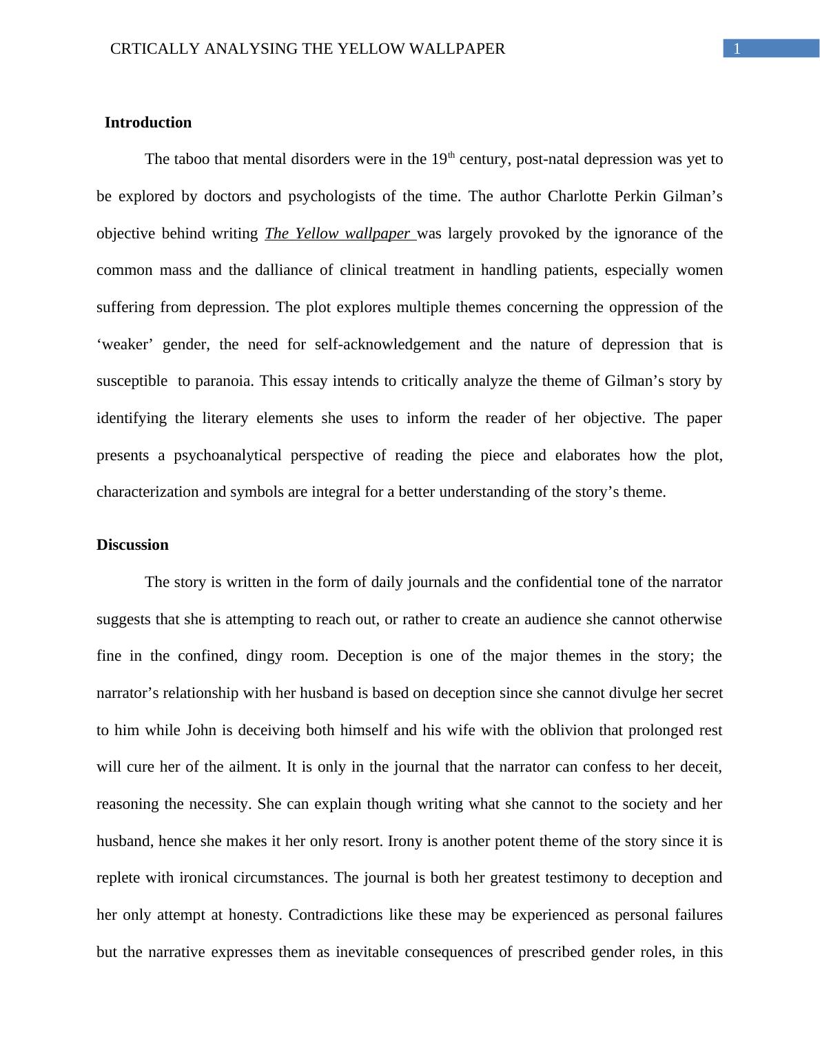 Critically Analyzing The Yellow Wallpaper Desklib