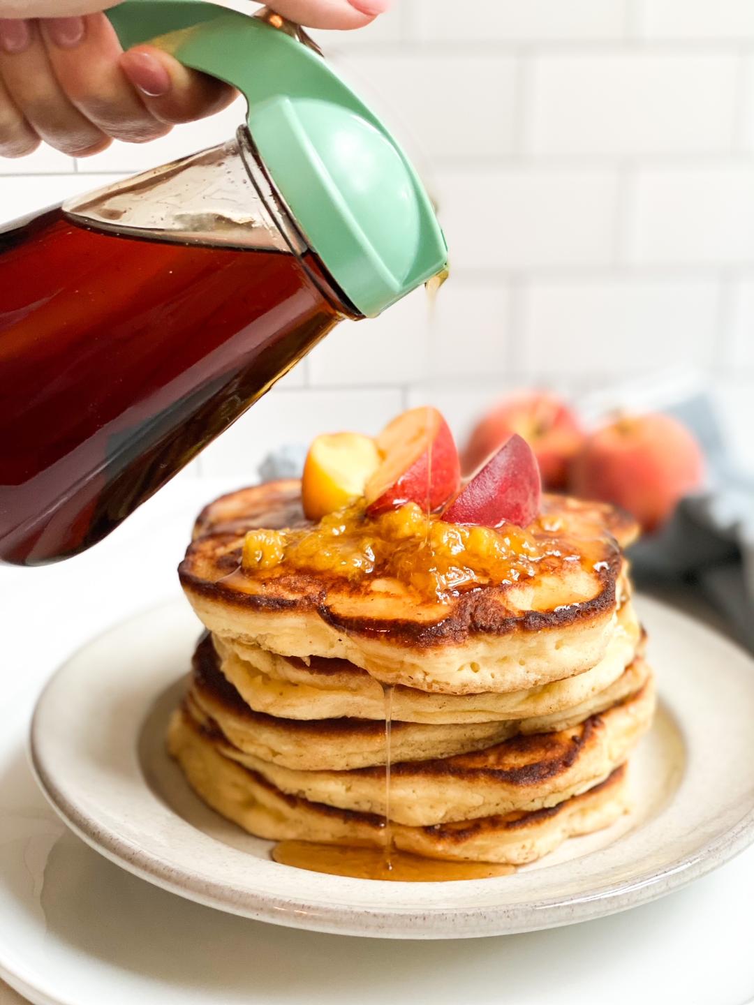 Fluffy Peach Ricotta Pancakes with Peach Compote DeSocio in the Kitchen