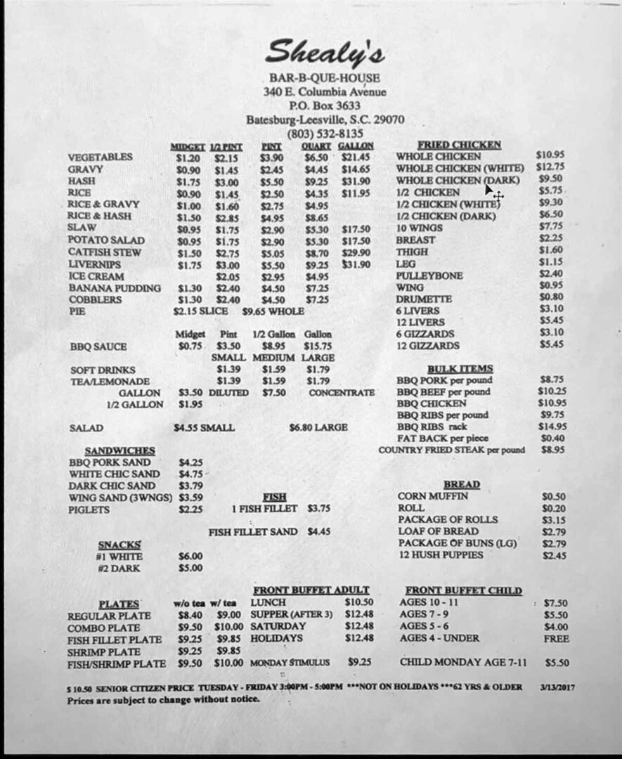 Shealy’s BarBQue Destination BBQ