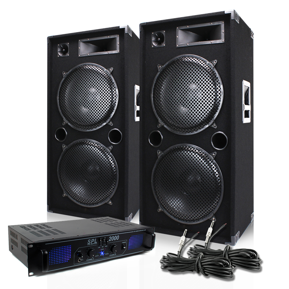 2x Skytec Dual 15" Party Disco DJ Speakers + PA Amplifier + Cables