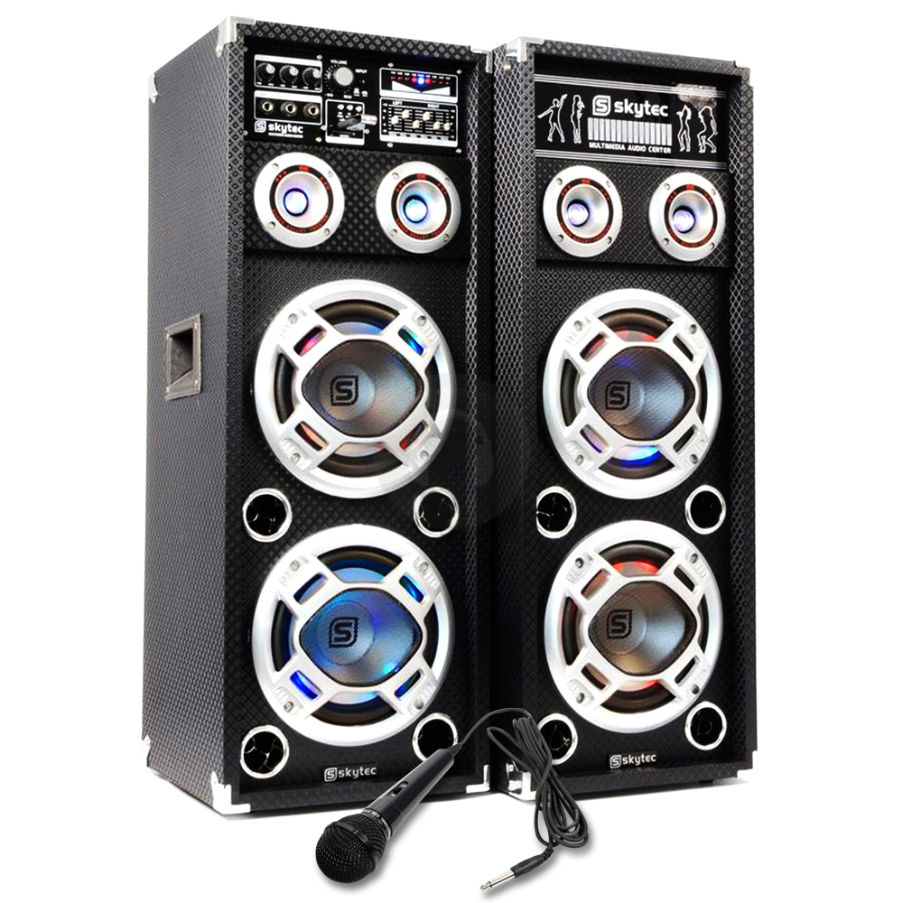 Pair Skytec Dual 8" RGB LED Active Light Speakers Karaoke Mics PA DJ