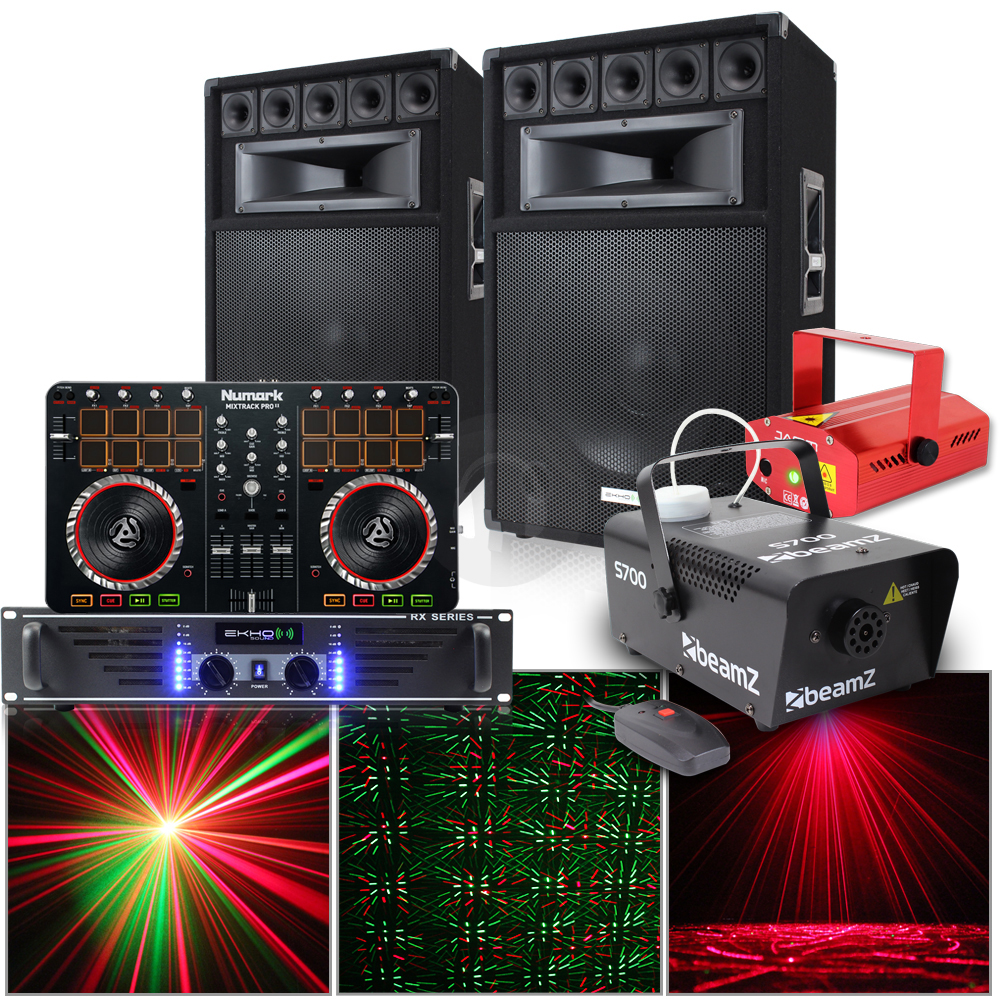 Big Party Speakers PA Amplifier Pro DJ Mixer Disco Lights 1200W 2400W