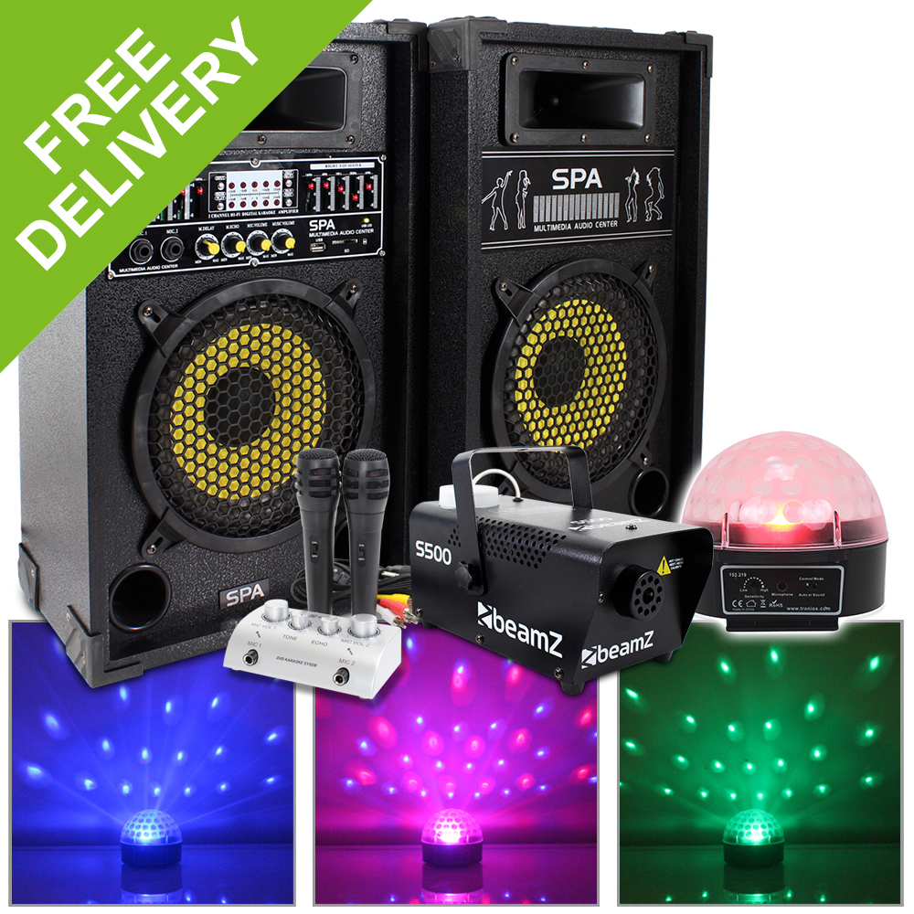 Plug & Play Active Karaoke Speakers System Mics Party LED Light Fog