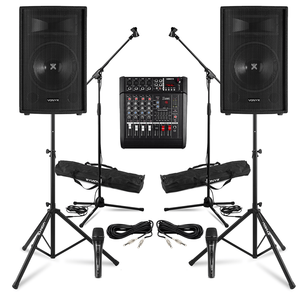 Complete PA System Package Vonyx 12" Speakers, Mixer, Mic & Stands