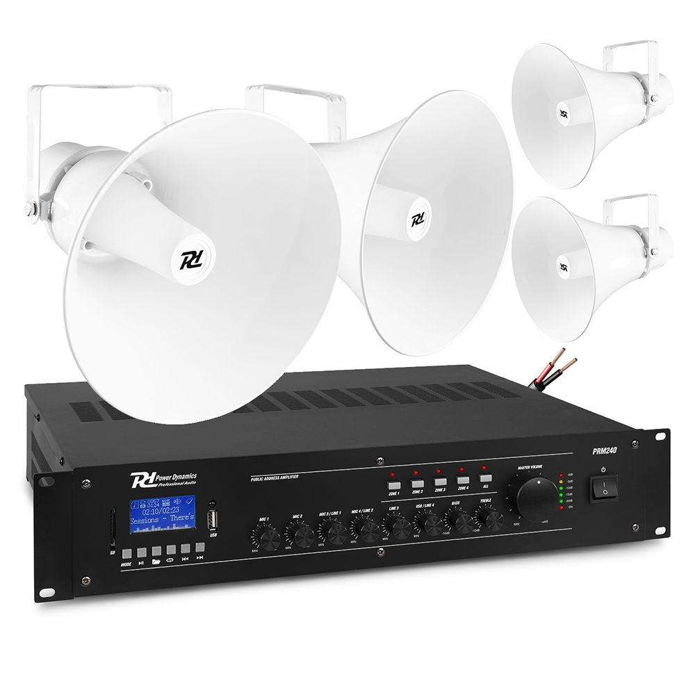 PD HSR30 100V Round Horn Speakers & PRM120 Amplifier, Set of 4