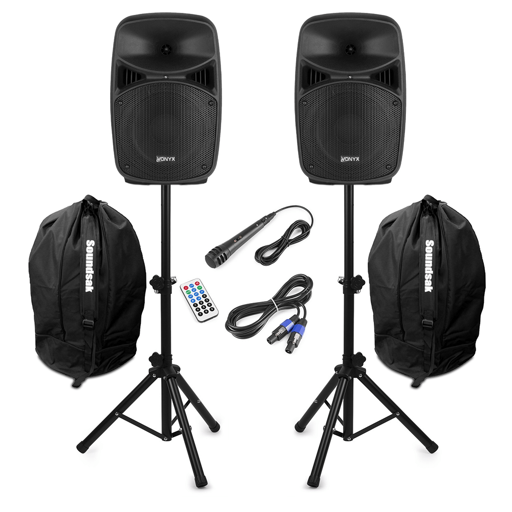 Vonyx VPS082A 8" Active PA DJ Speakers with Bluetooth Stands & Bags