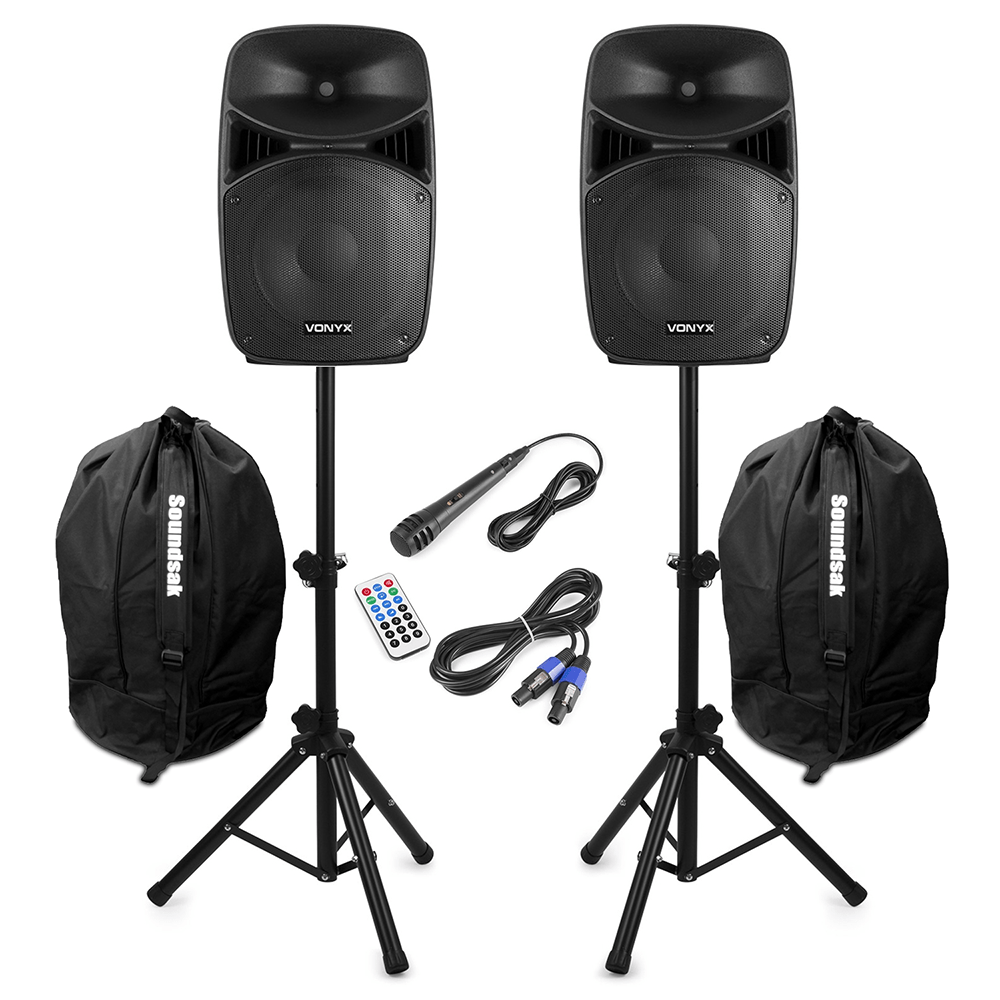 Vonyx VPS122A 12" Active PA DJ Speakers with Bluetooth Stands & Bags