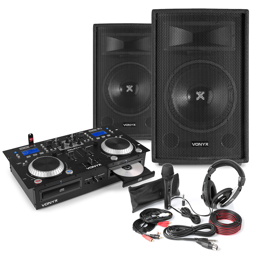 DJ Equipment Package with 12" Speakers, CD Mixer, Mic & Headphones