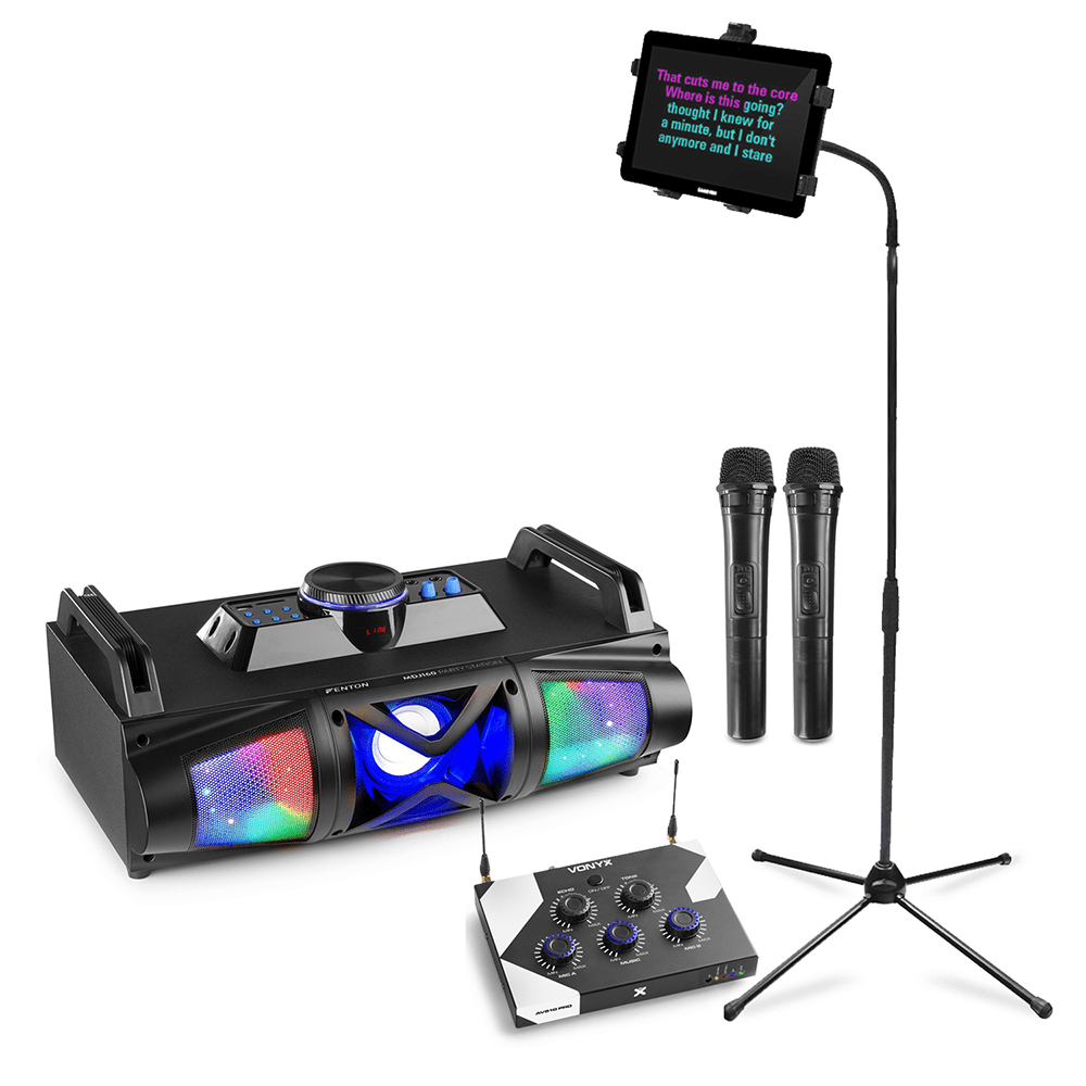 Home Karaoke Setup with Tablet Stand, Wireless Mics & MDJ160B Speaker