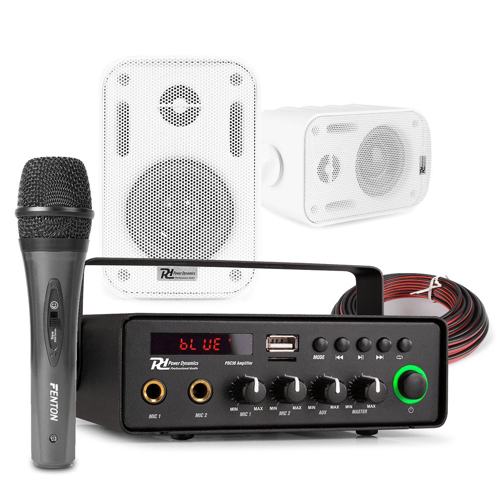 12V Powered Outdoor PA System with Mic 2x BGO30 3" White Speakers