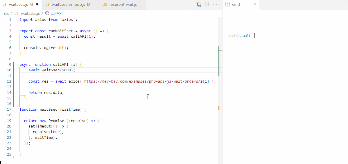 NodeJS wait/delay function Dev Bay frontend tips