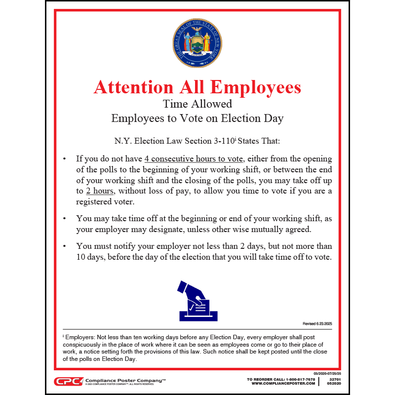 New York Time Off to Vote Poster Free Shipping 50+