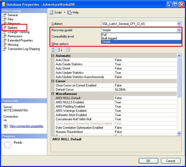 Setting Database Option Recovery To Simple For Database Encycloall