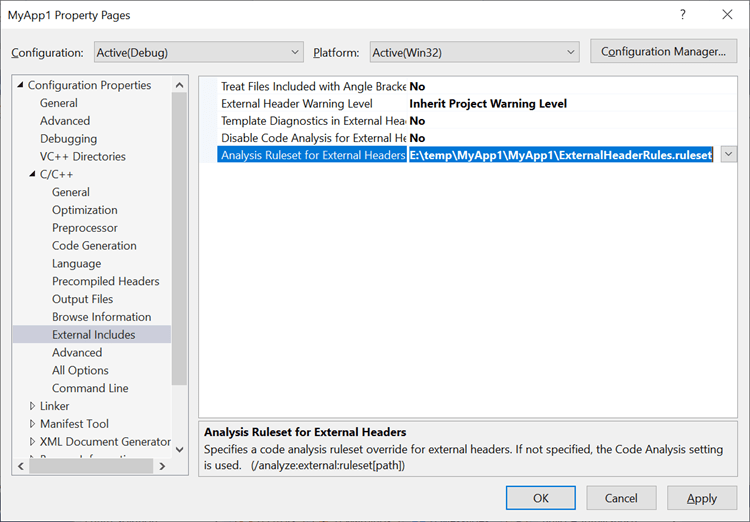Customized Warning Levels and Code Analysis for External Headers