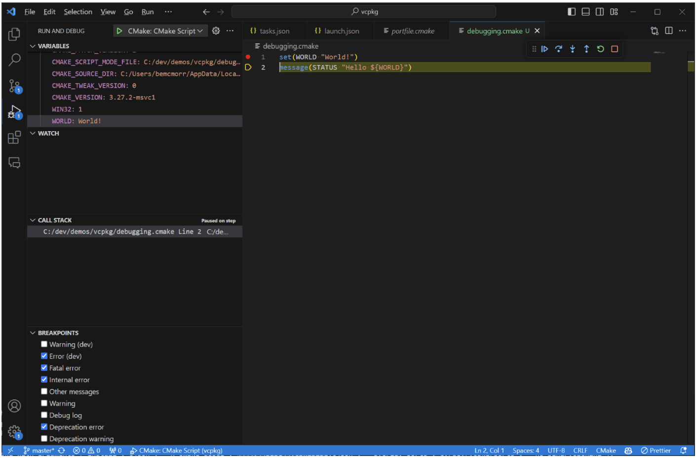 Debug vcpkg portfiles in CMake script mode with Visual Studio Code