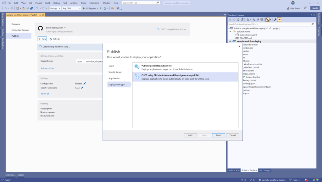Generate a GitHub Actions workflow with Visual Studio or the CLI