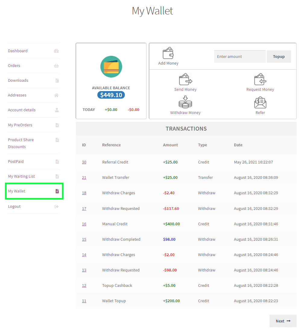Wallet Management Account Funds Plugin