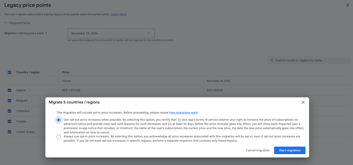 Change subscription prices Google Play's billing system Android