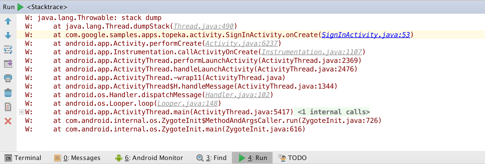 Analyze a Stack Trace Android Studio
