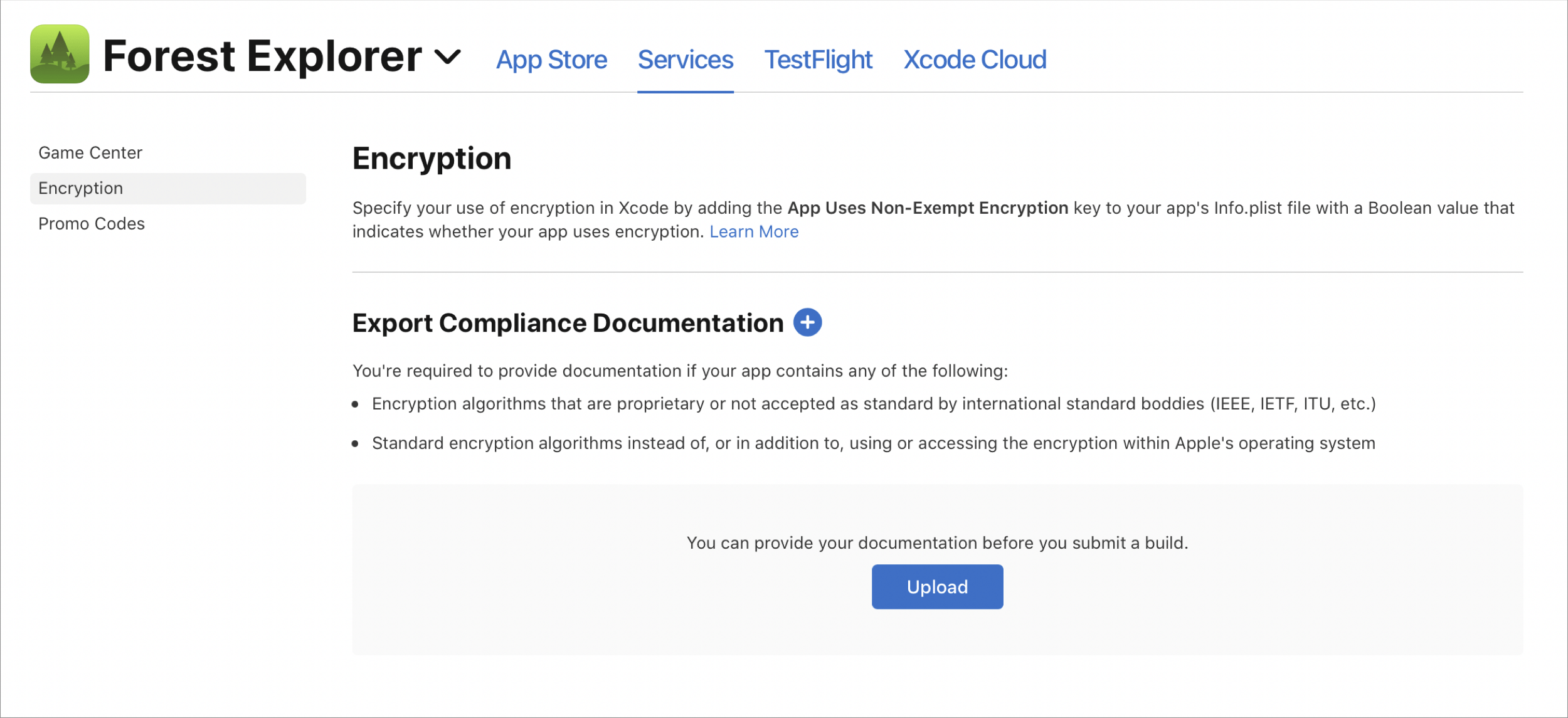 Determine and upload export compliance documentation - Manage app
