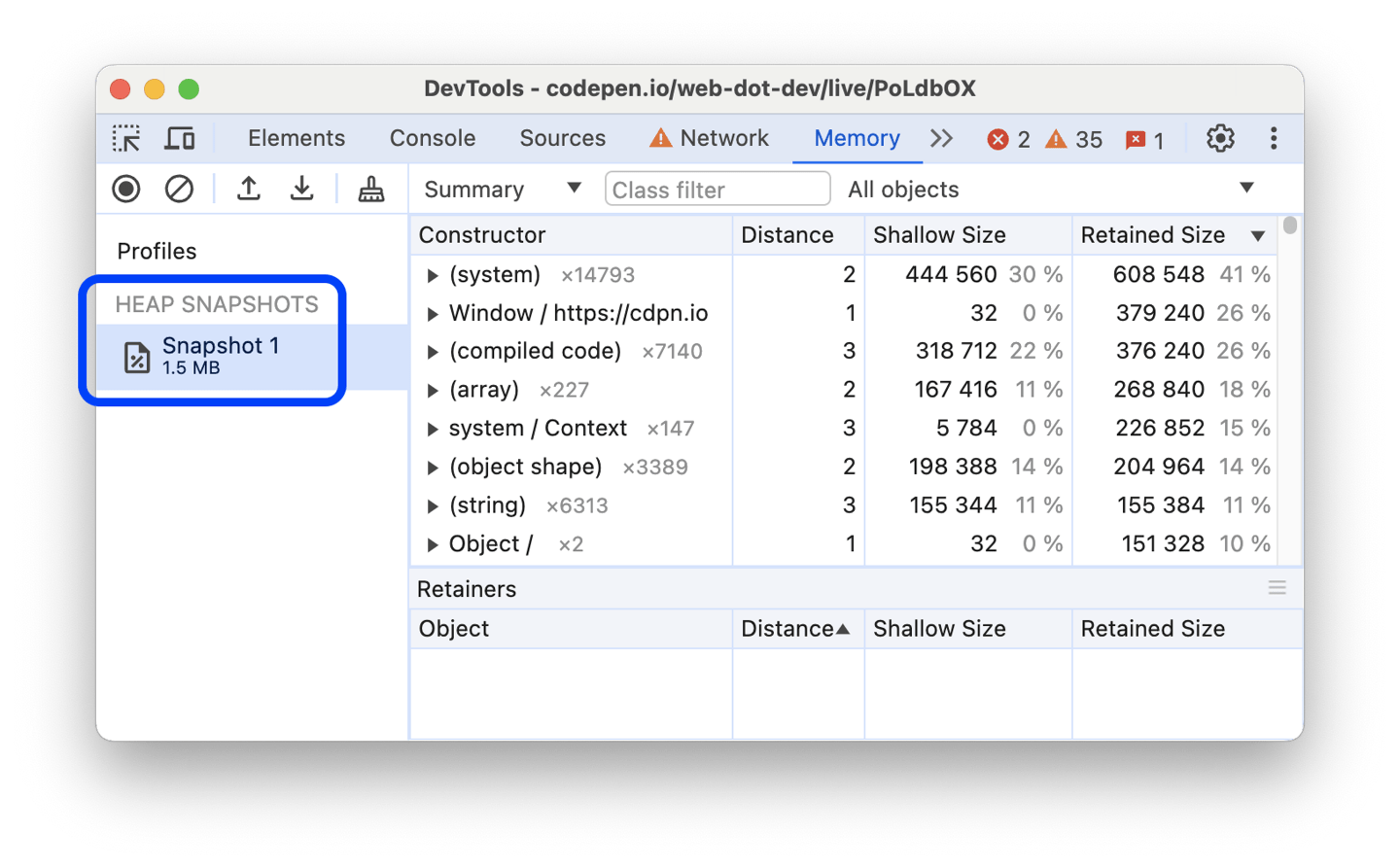 Record heap snapshots Chrome DevTools Chrome for Developers