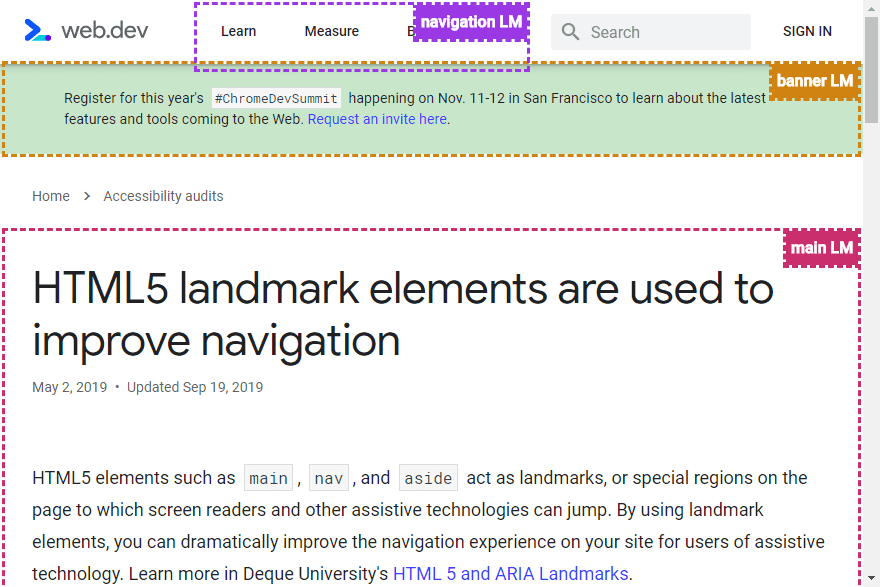 HTML5 landmark elements are used to improve navigation Lighthouse